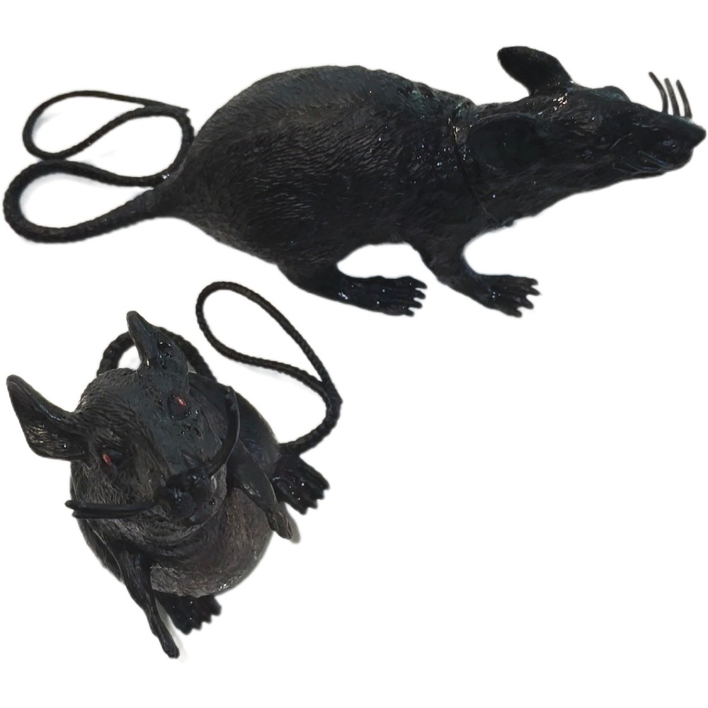 Set of 2 Realistic Black Halloween Rat Figurines Red Eyes Spooky Decor Props